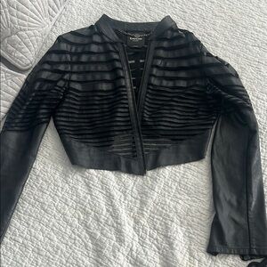 Bebe Black Cropped Leather Jacket with Sheer Stripes